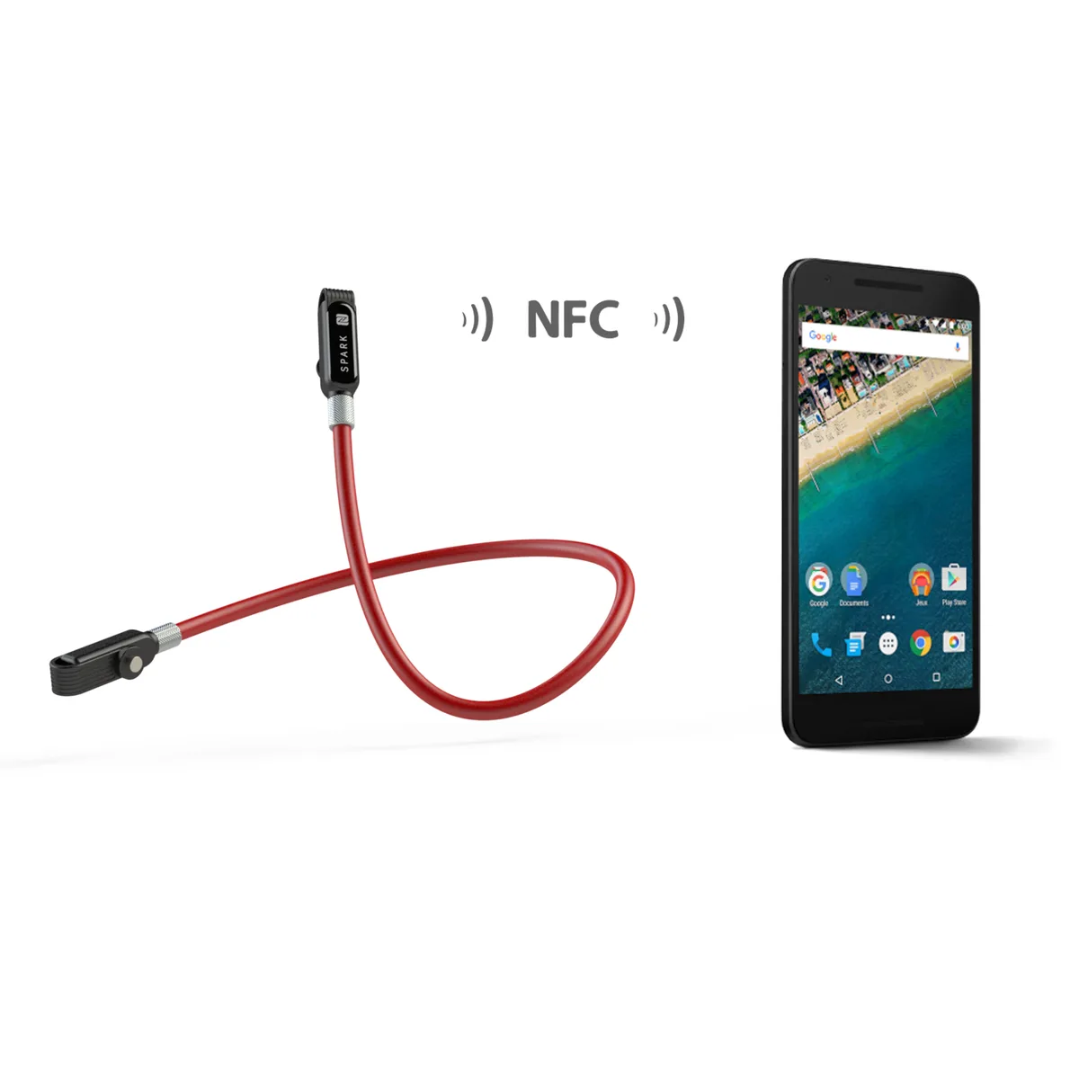 Téléphone approché du cordon SPARK pour déclencher la puce NFC.